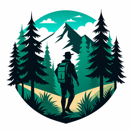 Hiking man with backpack in the forest and mountains, vector illustrationのイラスト素材