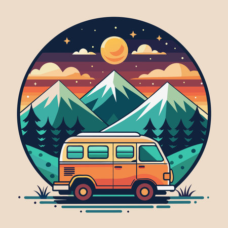 Vintage camper van in the mountains at night. Vector illustration.のイラスト素材