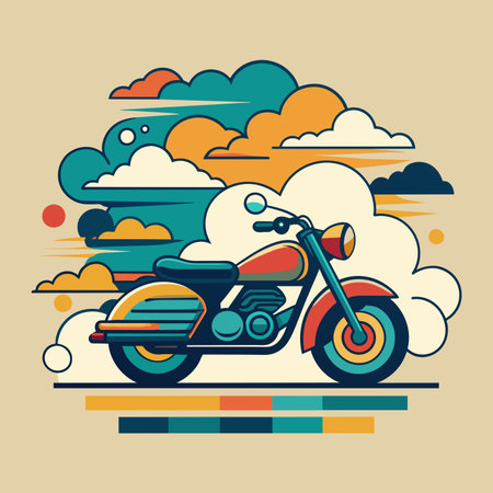 Vintage motorcycle with clouds. Vector illustration in flat design style.のイラスト素材