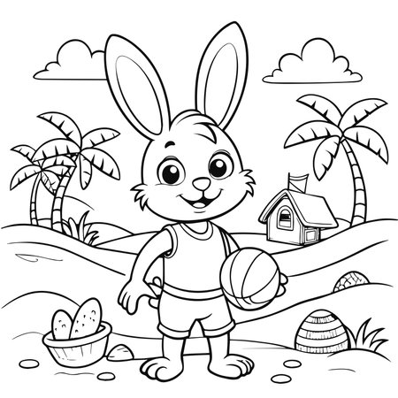 Illustration of Easter Bunny with ball on the Beach for Coloring Book. kid coloring pageのイラスト素材