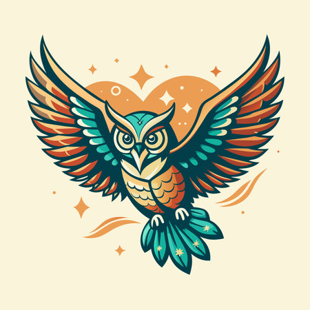 Owl with wings and stars. Vector illustration in retro style.のイラスト素材