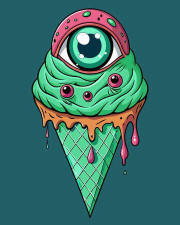 Cartoon ice cream with eyes. Vector illustration on green background.のイラスト素材