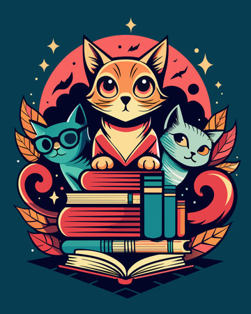 Cats and books on the background of the moon. Vector illustration.のイラスト素材