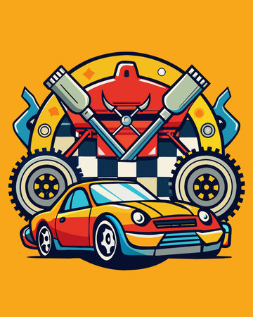Car service and repair concept. Vector illustration of a car on a yellow background.のイラスト素材