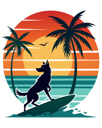 Vector illustration of a dog surfer with a surfboard and palm treesのイラスト素材