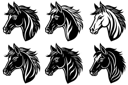 Horse head set - black and white vector illustrations. Isolated on white background.のイラスト素材