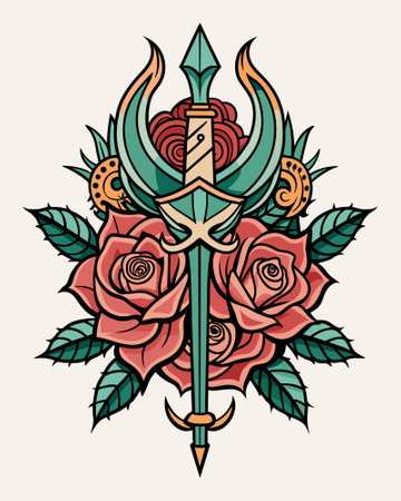 Vintage tattoo design with roses, trident and dagger. Vector illustration.のイラスト素材