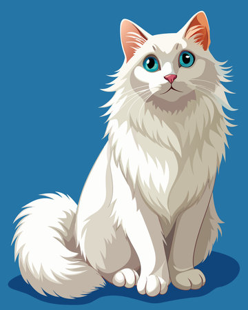 Illustration of a white cat with blue eyes on a blue backgroundのイラスト素材