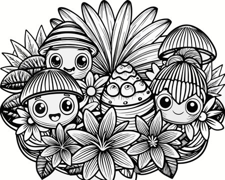 Black and White Cartoon Illustration of Cute Kids with Flowers for Coloring Bookのイラスト素材