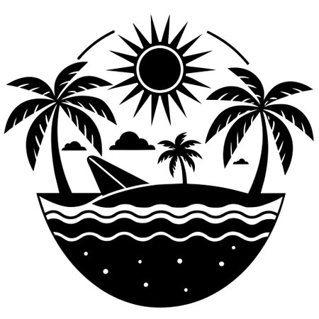beach with palm trees and sun, black and white vector illustrationのイラスト素材