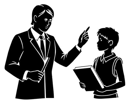 teacher and student discussing . Black and white vector illustration.のイラスト素材