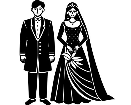 Wedding couple. Bride and groom in wedding dress. Vector illustrationのイラスト素材