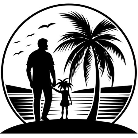 father and daughter on the beach. Silhouette. Vector illustrationのイラスト素材