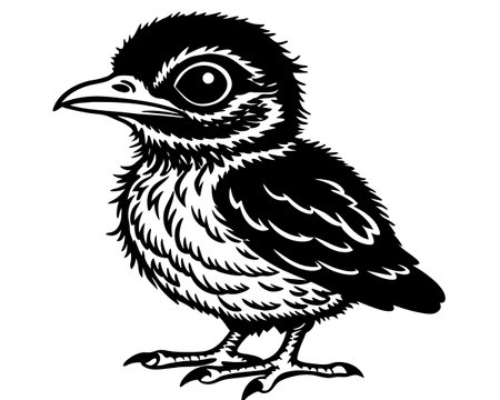 Cute Little Bird - Black and White Cartoon Illustration, Vectorのイラスト素材