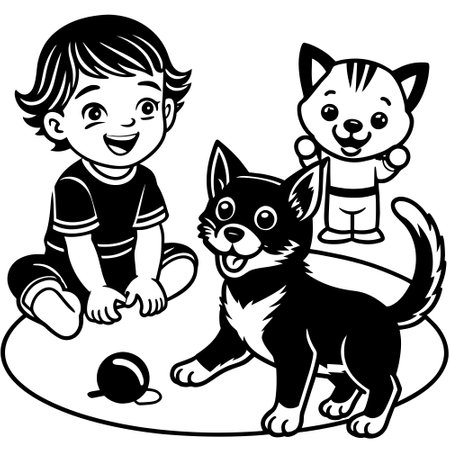 Black and White Cartoon Illustration of Kids Playing with Cats and Dogs Coloring Bookのイラスト素材