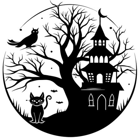 Halloween background with black cat, haunted house and tree. Vector illustration.のイラスト素材