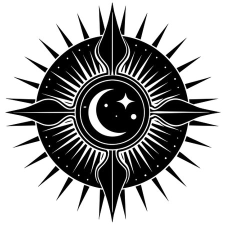 Sun and moon in the starry sky. Tattoo design.のイラスト素材