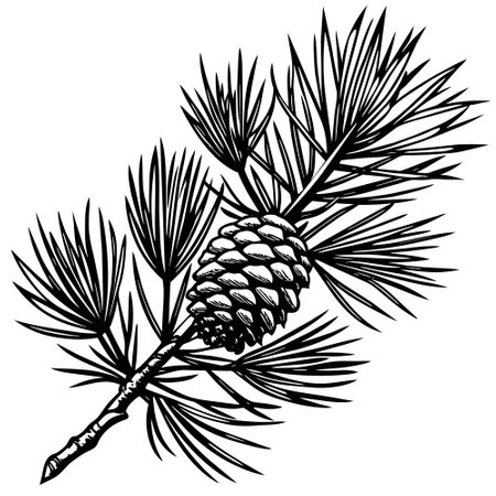 Pine branch with cone. Vector illustration in black and white colors.のイラスト素材