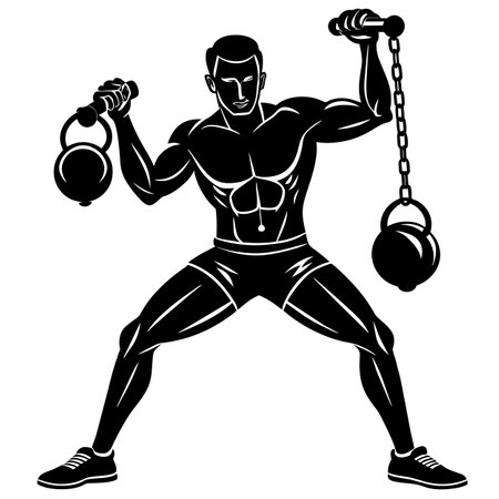 illustration of a bodybuilder with kettlebell and barbell.のイラスト素材