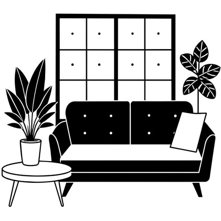Living room with sofa and coffee table, illustration in black and whiteのイラスト素材