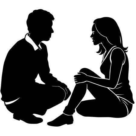 young couple sitting on the floor and talking,  sillhouetteのイラスト素材
