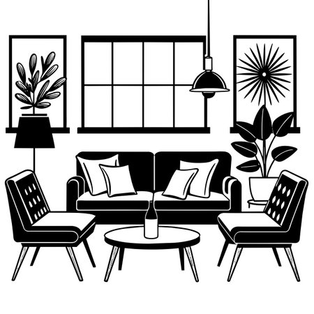 Living room interior with sofa and armchairs. Vector illustration in black and white.のイラスト素材