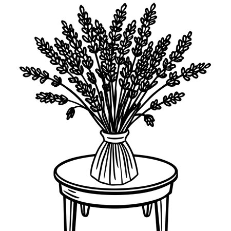 Bouquet of lavender flowers in vase on table. illustration.のイラスト素材