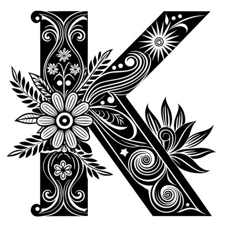 Black and white letter K with flowers and leaves. Vector illustration.のイラスト素材