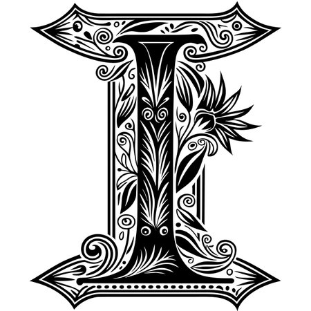 Black and white floral capital letter I - uppercase version.のイラスト素材