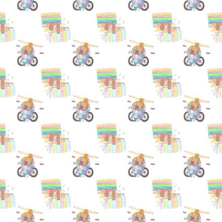 year of the bull. pattern. Bull on a bicycle and two sleeping bulls under a blanketの写真素材