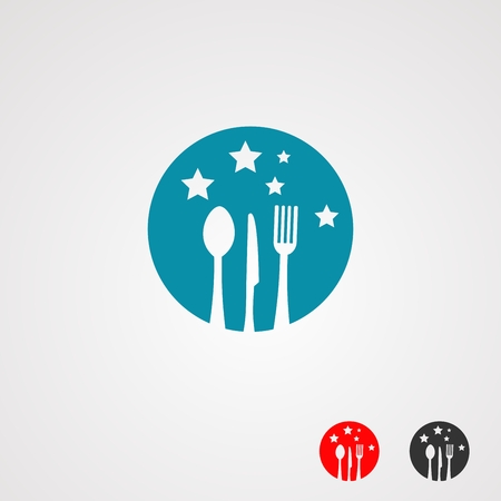 star food logo with knife, spoon, and fork on circle stars blue color, element,icon, and template for companyのイラスト素材