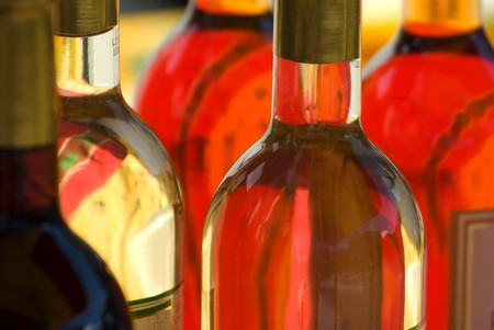 White wine tasting and display in an outdoor market in South of Franceの写真素材