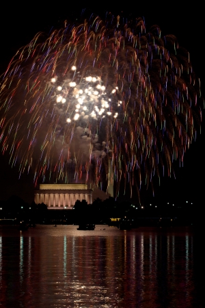 Washington DC fireworks over the Potomac River with view of Lincoln Memorial and Washington Monumentのeditorial素材