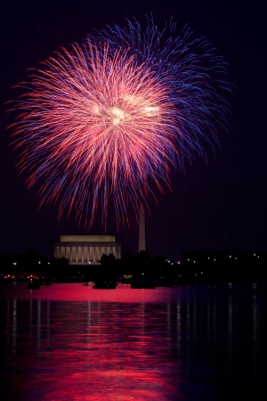 Washington DC fireworks over the Potomac River with view of Lincoln Memorial and Washington Monumentのeditorial素材