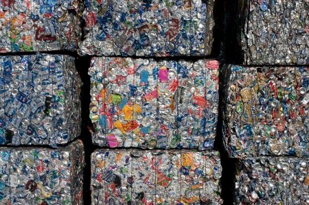 A stack of cans baled for recycling in a US facilityのeditorial素材