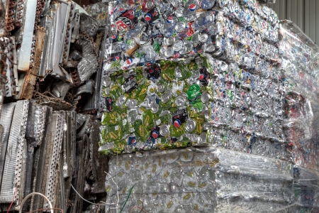Bundled bales of cans in a recycling centerのeditorial素材