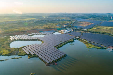 Solar panel, photovoltaic, alternative electricity source-selective focus, copy spaceの写真素材