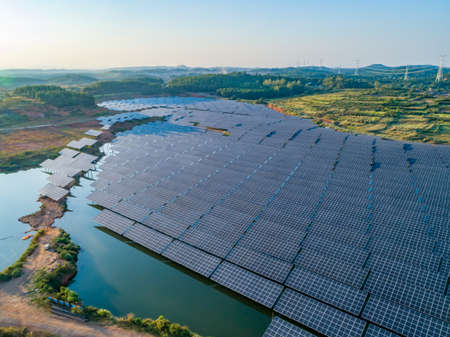 Solar panel, photovoltaic, alternative electricity source-selective focus, copy spaceの写真素材