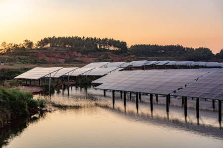 Solar panel, photovoltaic, alternative electricity source-selective focus, copy spaceの写真素材