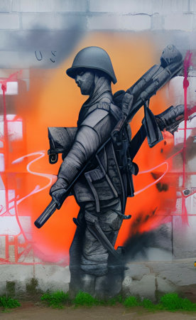 A member of the Red Star military history club paints graffiti on the wall.