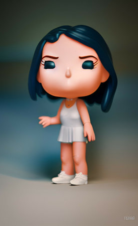 A cute little girl in a white dress with blue eyes and black hair.の写真素材
