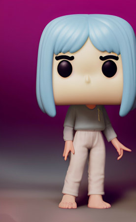 Cute cartoon doll with blue hair and blue eyes on purple background