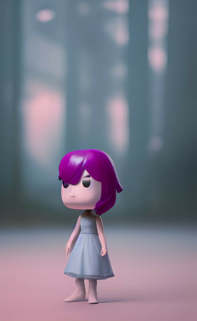 cute little girl with purple hair and blue dress, 3d rendering