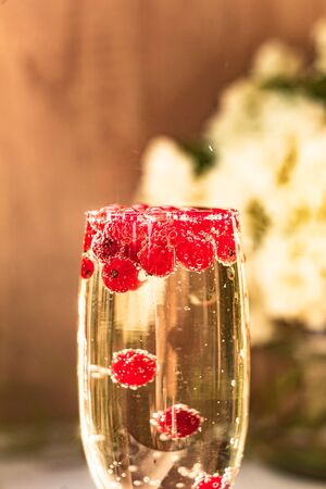 Sparkle wine in glass with red currant berriesの写真素材
