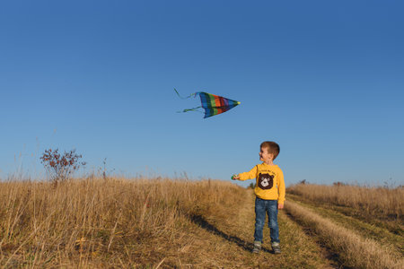 Little boy with kite flying over his headの写真素材