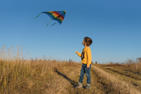 Little boy with kite flying over his headの写真素材