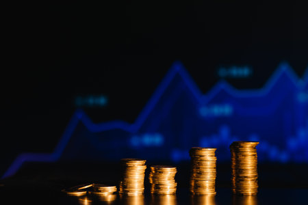 coins stack step growing growth value increase profit rate up, The best excellent growing business experience concept.の写真素材
