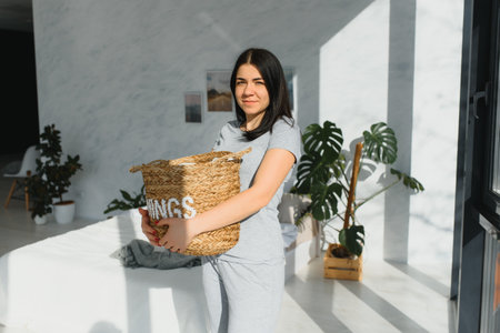 Woman doing home choirs housewife lifestyle conceptの写真素材