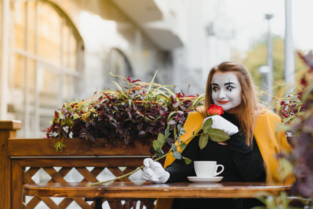 girl mime drinks coffee in paris. Mime comedian drinking coffee.の写真素材