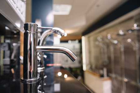 Rows of new faucets in plumbing shop, closeupの写真素材